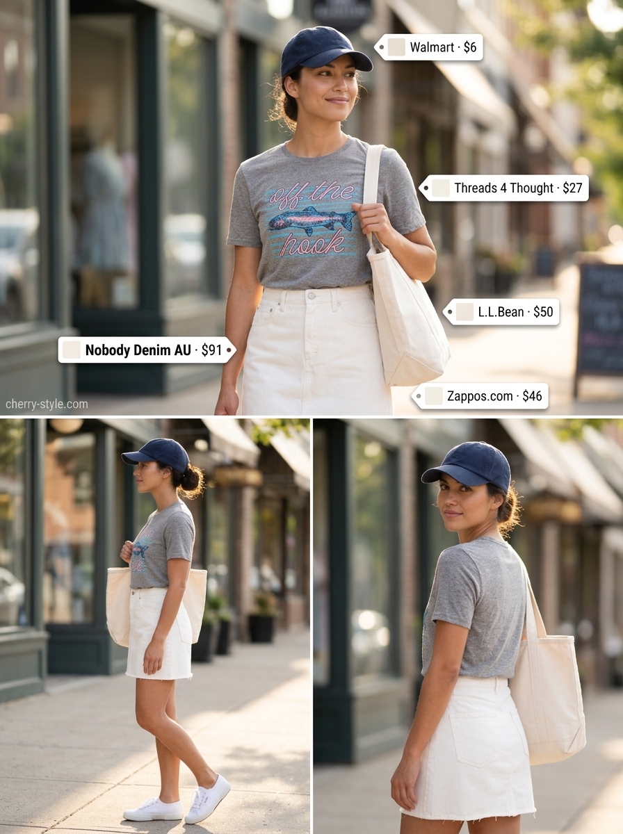 Comfortable light wash denim skirt outfit for casual hangouts, with a graphic tee, sneakers, and tote bag.