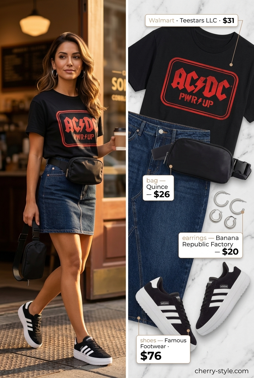 Cool dark wash denim skirt outfit for city exploration, featuring a graphic tee, belt bag, and chunky sneakers.