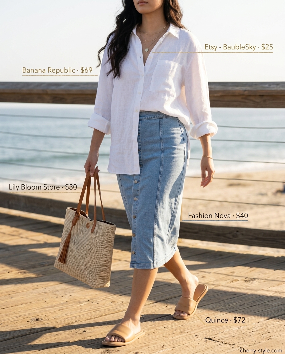 Relaxed coastal summer denim skirt outfit with oversized linen shirt and straw tote for beach town exploration.