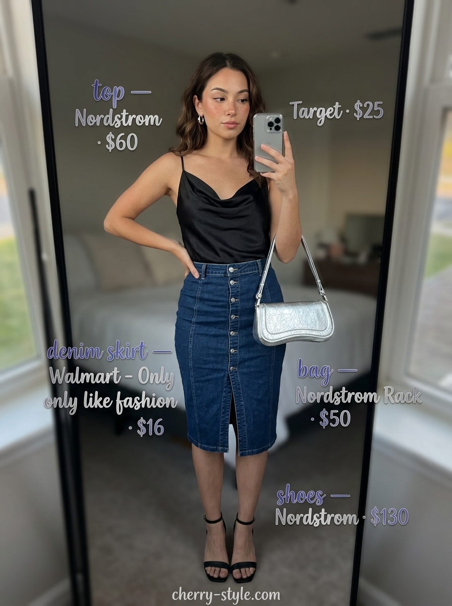 Chic evening denim skirt outfit with black satin camisole, strappy heels, and metallic bag for dinner dates.