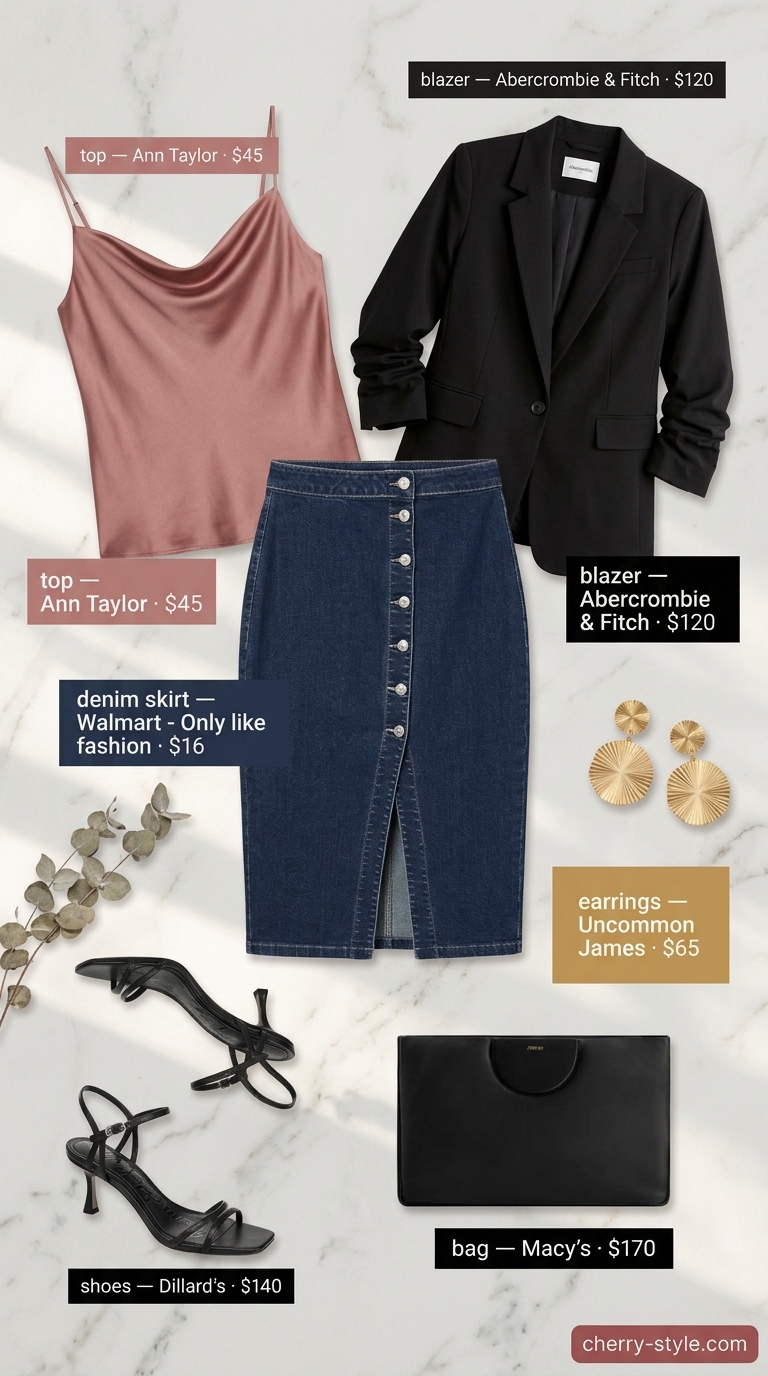Elegant dark wash denim skirt outfit for a summer evening date, featuring a cream camisole, black blazer, and gold heels.