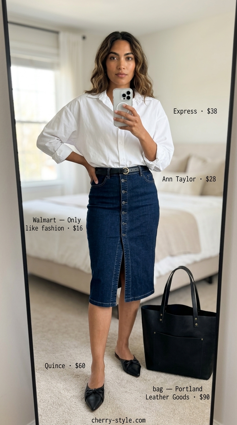 Modern minimalist denim skirt outfit with oversized white shirt, mules, and structured tote for smart casual.