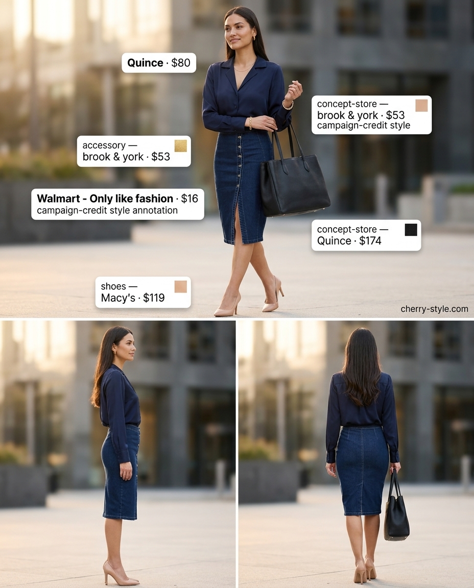 Sophisticated summer denim skirt outfit for business casual office, featuring navy silk blouse and nude pumps.