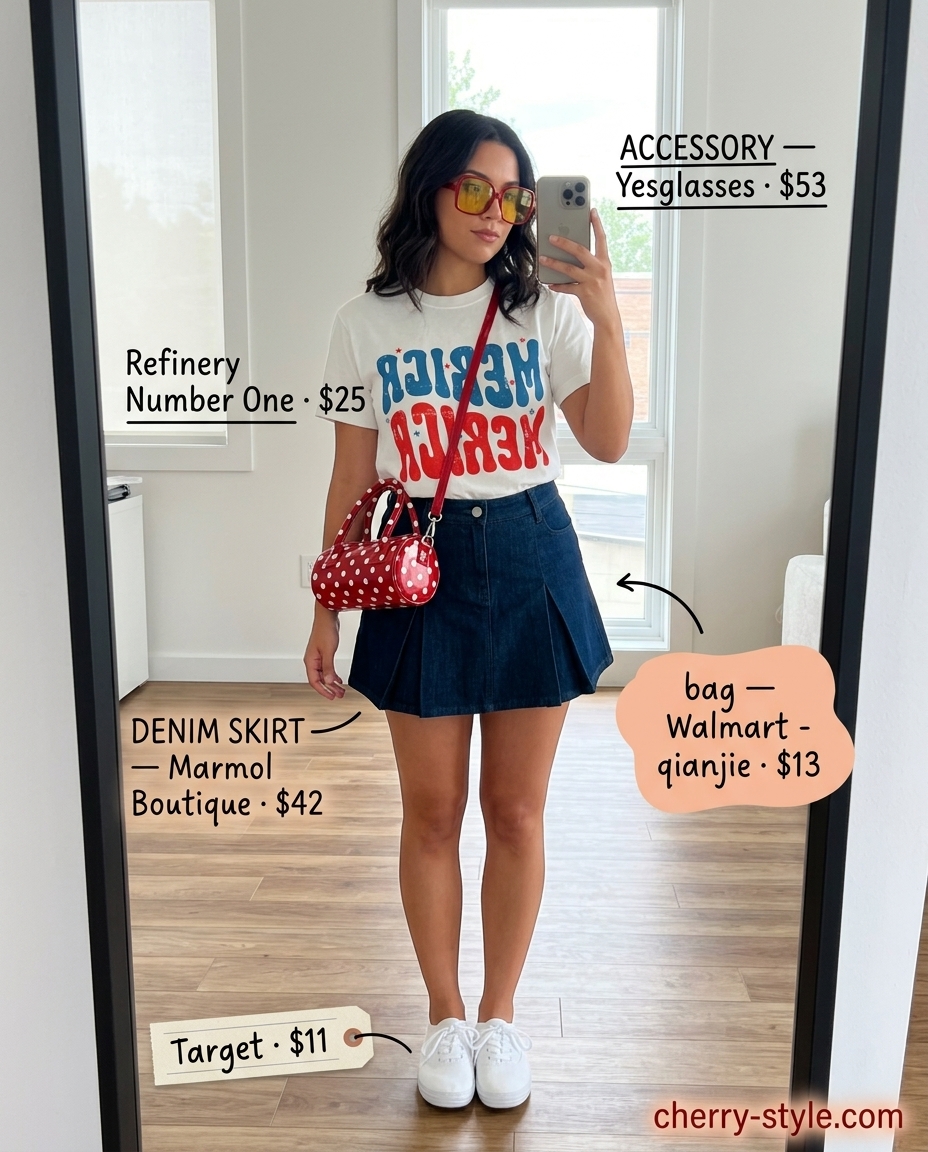 Retro summer denim skirt outfit with graphic tee, canvas sneakers, and circular crossbody bag for fun days.