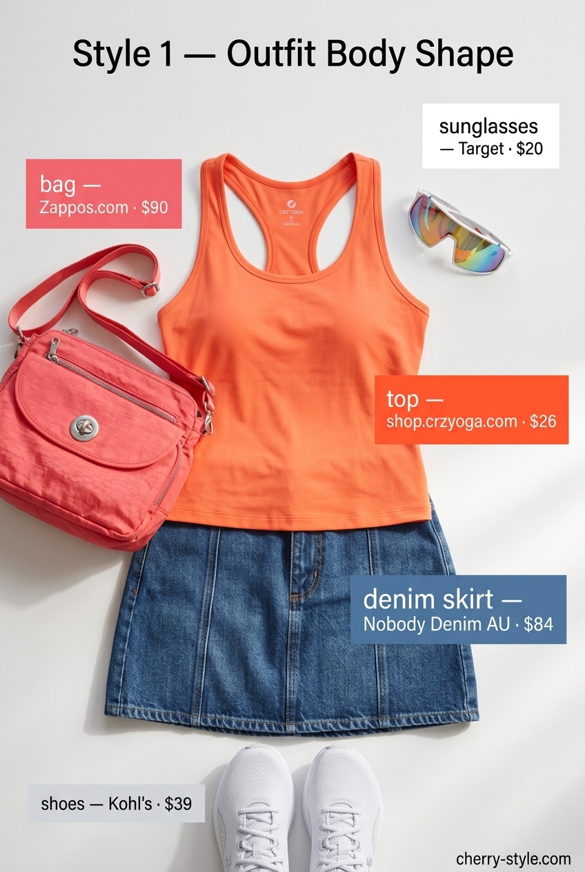 Sporty summer denim skirt outfit with coral tank top, white sneakers, and crossbody bag for active days.
