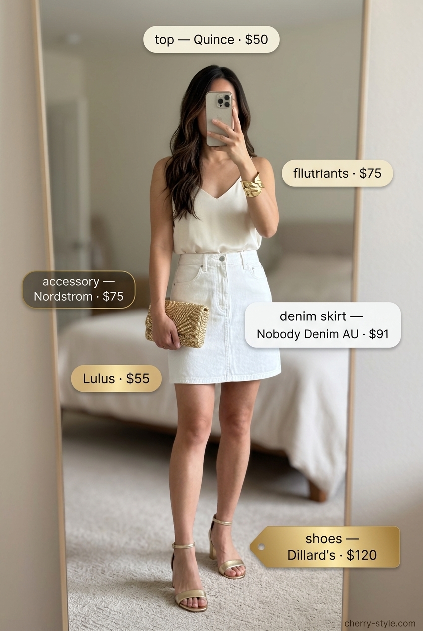 Elegant summer denim skirt outfit with satin camisole, gold heels, and embellished clutch for evening events.