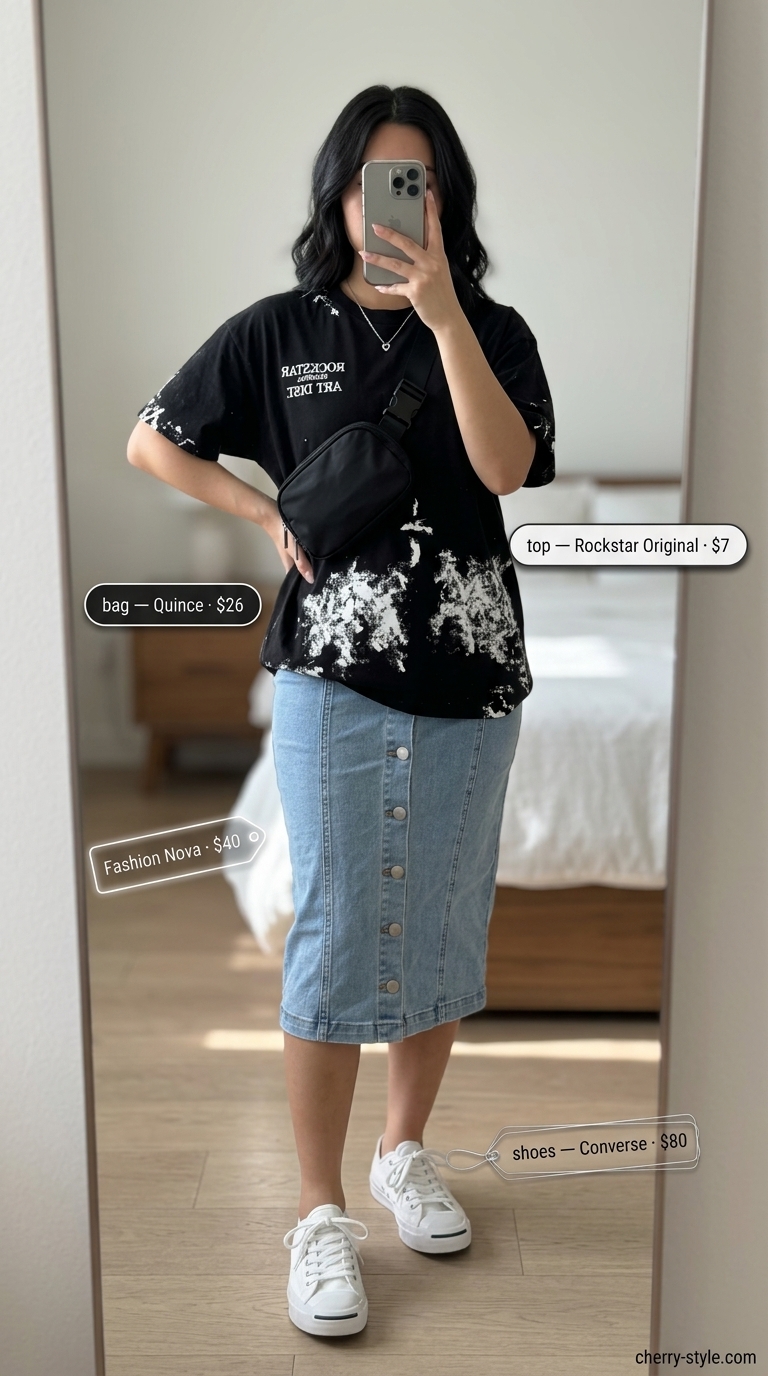 Cool urban denim skirt outfit with graphic tee, sneakers, and belt bag for city exploration and shopping.