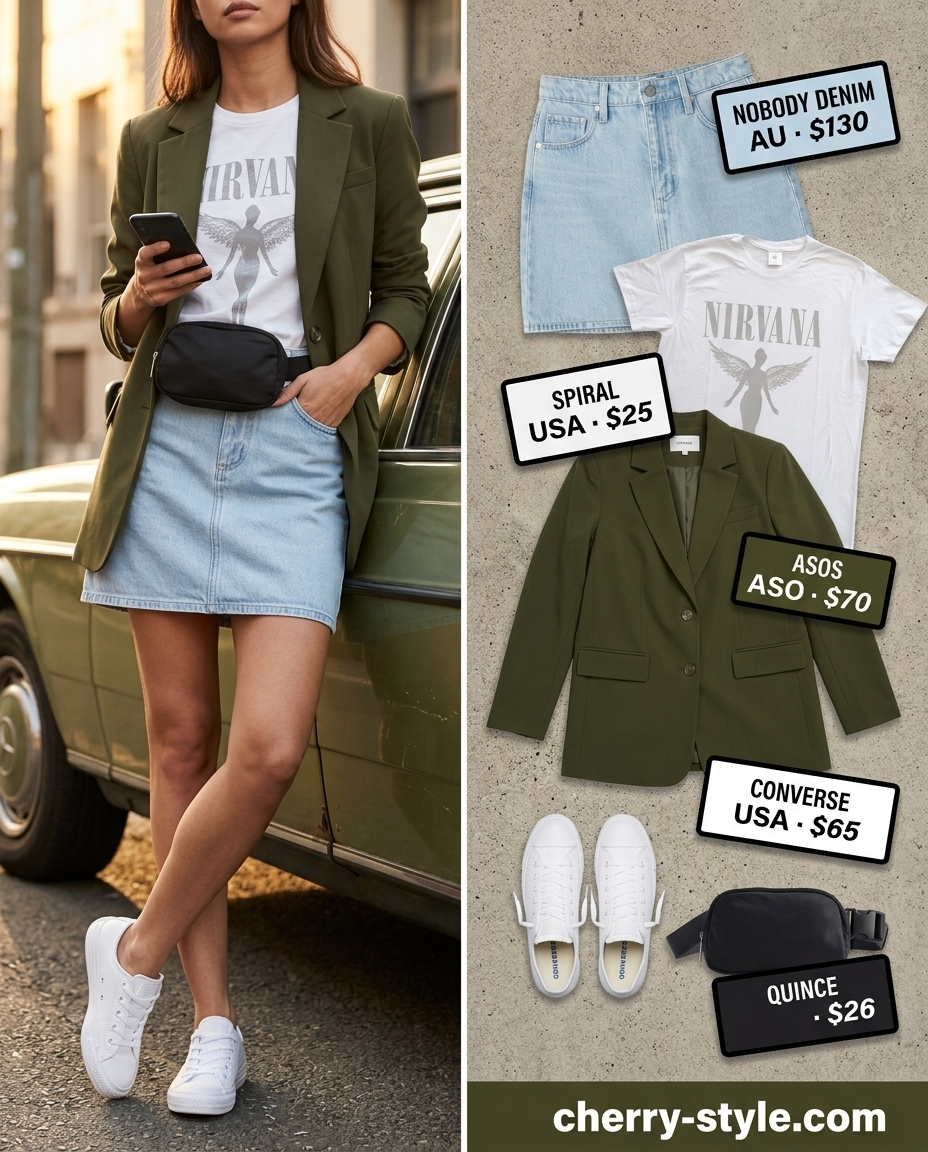 Edgy dark wash denim skirt outfit for urban exploration, with a graphic tee, belt bag, and linen blazer.