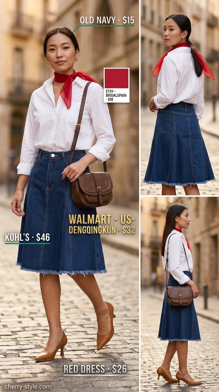 Retro dark wash denim skirt outfit for a vintage vibe, styled with a white button-down shirt, red scarf, and tan kitten heels.