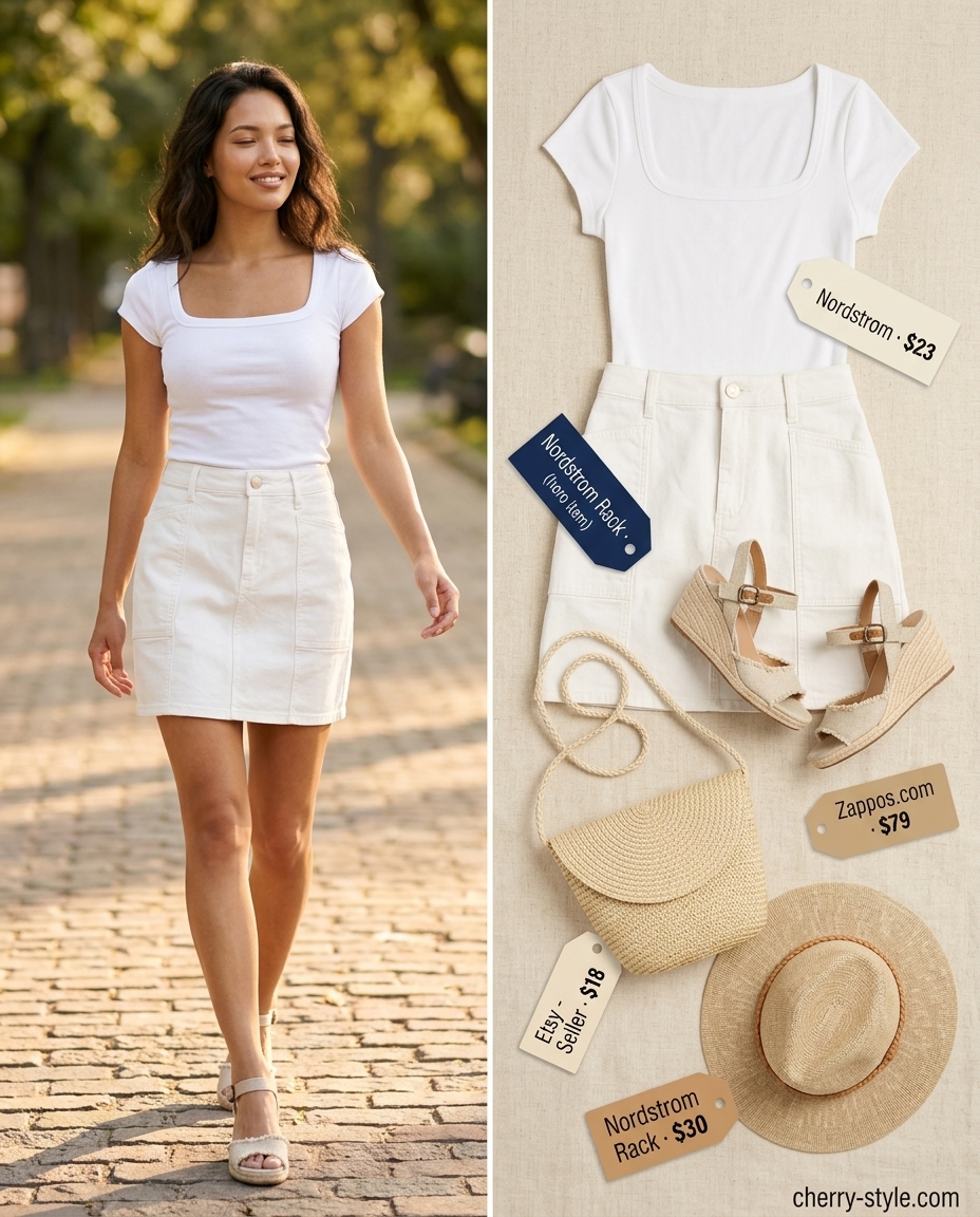 Playful denim blue denim skirt outfit for weekend brunch, with a white top, floral accents, and espadrille wedges.
