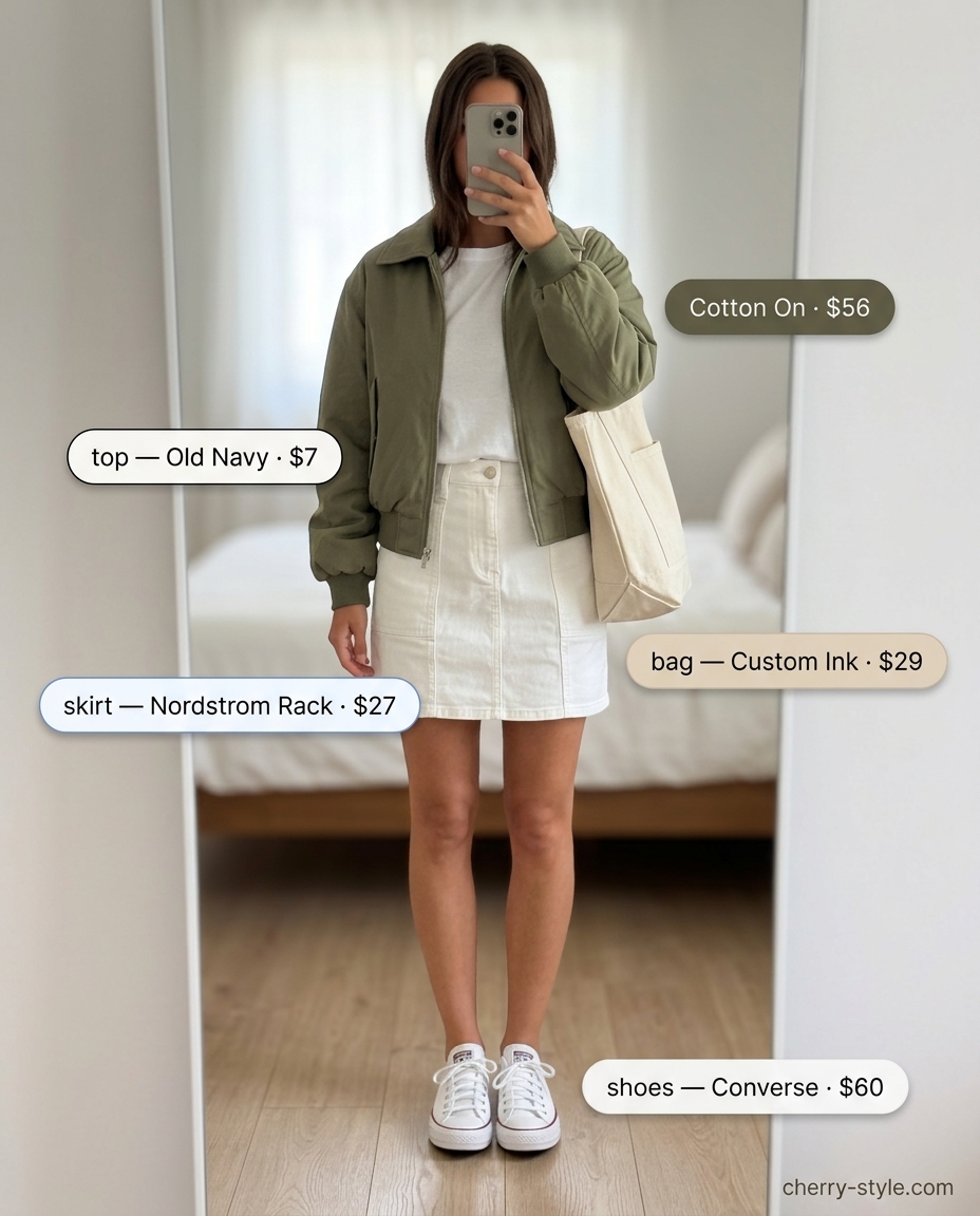 Casual blue denim skirt outfit for weekend errands, with a white tee, sneakers, and bomber jacket.