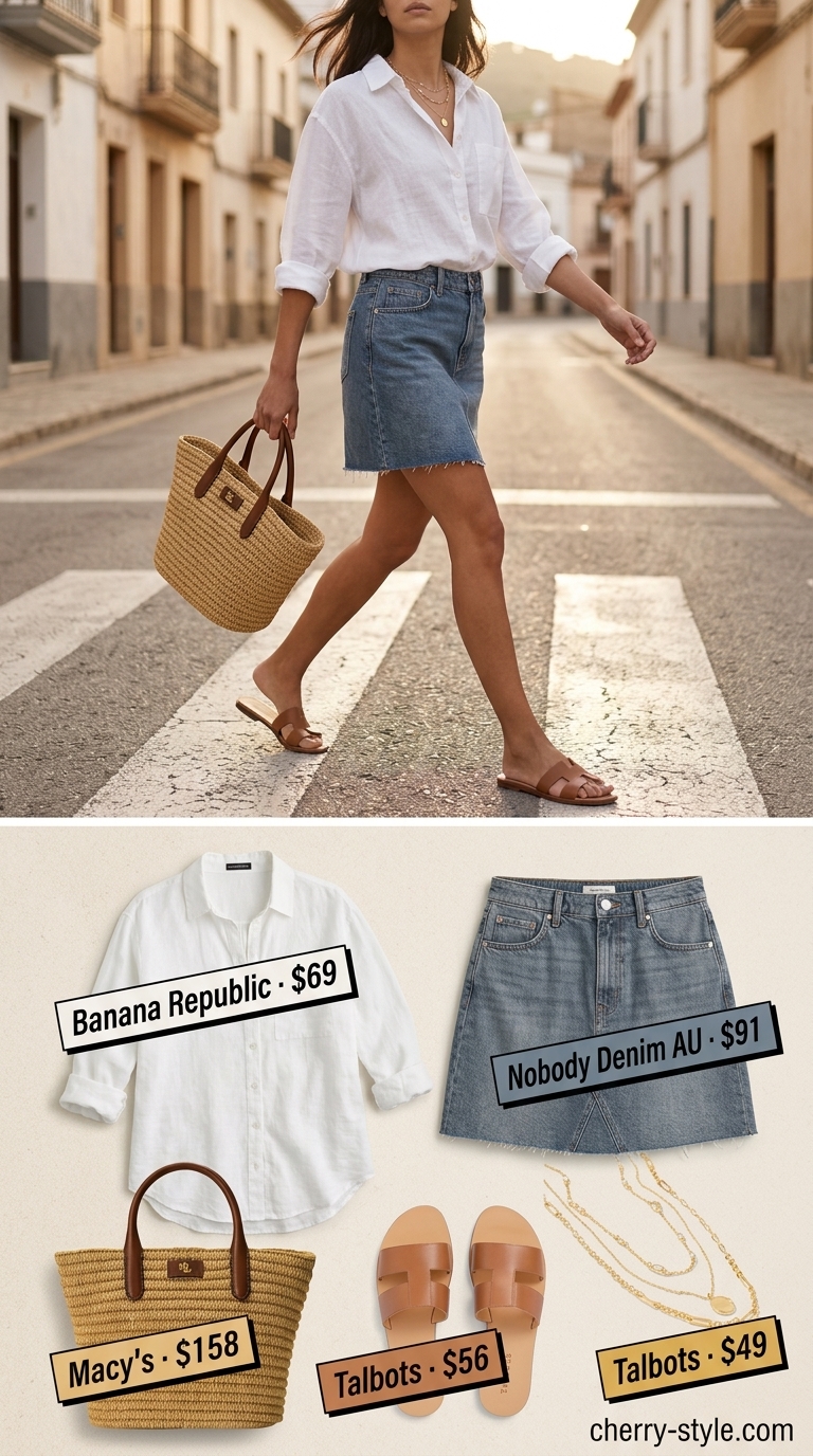 Relaxed summer denim skirt 2026 outfit for the beach. White linen shirt, tan slides, straw tote.