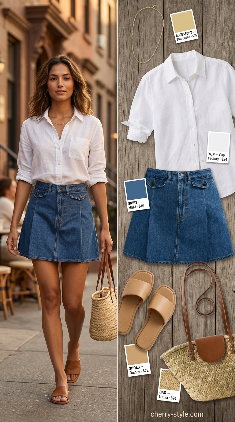 Effortless summer denim skirt 2026 outfit for the beach. White linen shirt, tan slides, straw tote.