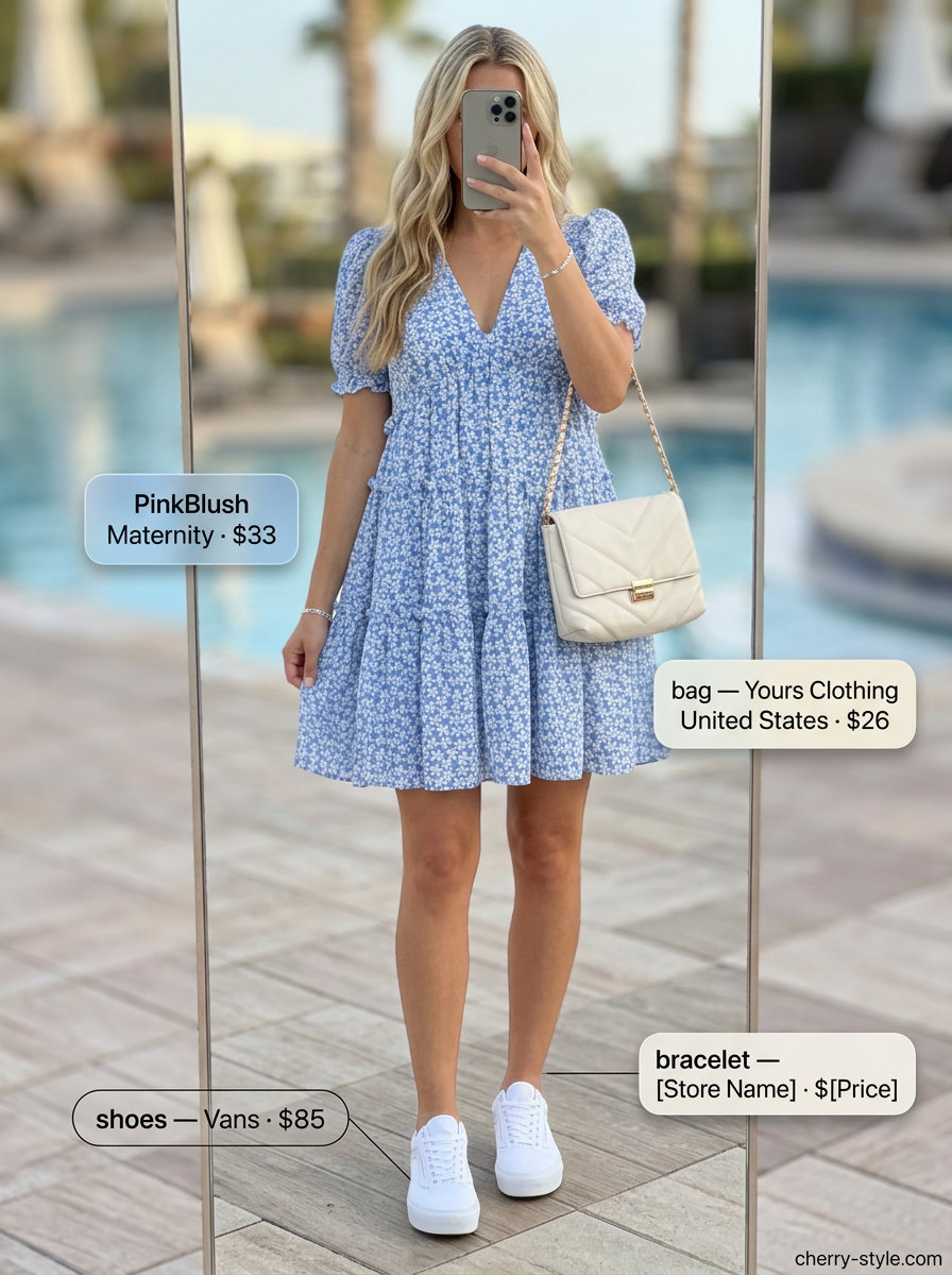 Summer Girls Trip Outfits 2026: Pastel blue babydoll mini dress with white platform sneakers.
