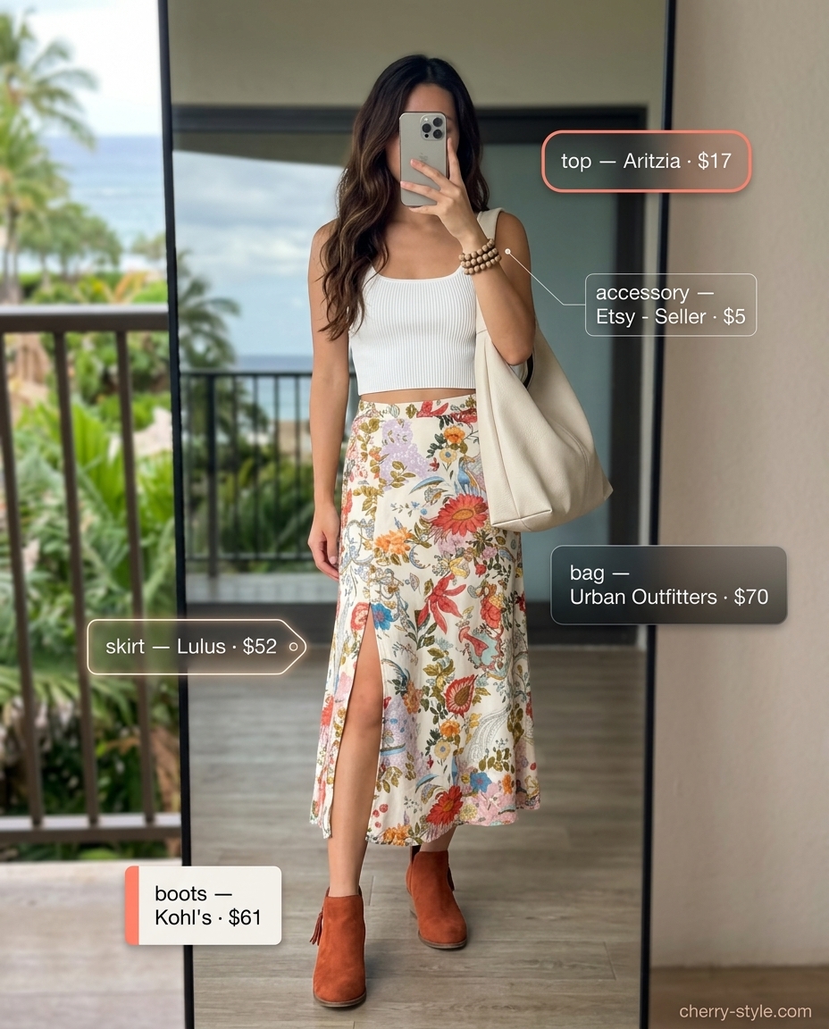 Boho bloom midi skirt outfit: floral skirt, white crop top, ankle boots. Summer Girls Trip Outfits for Women 2026.