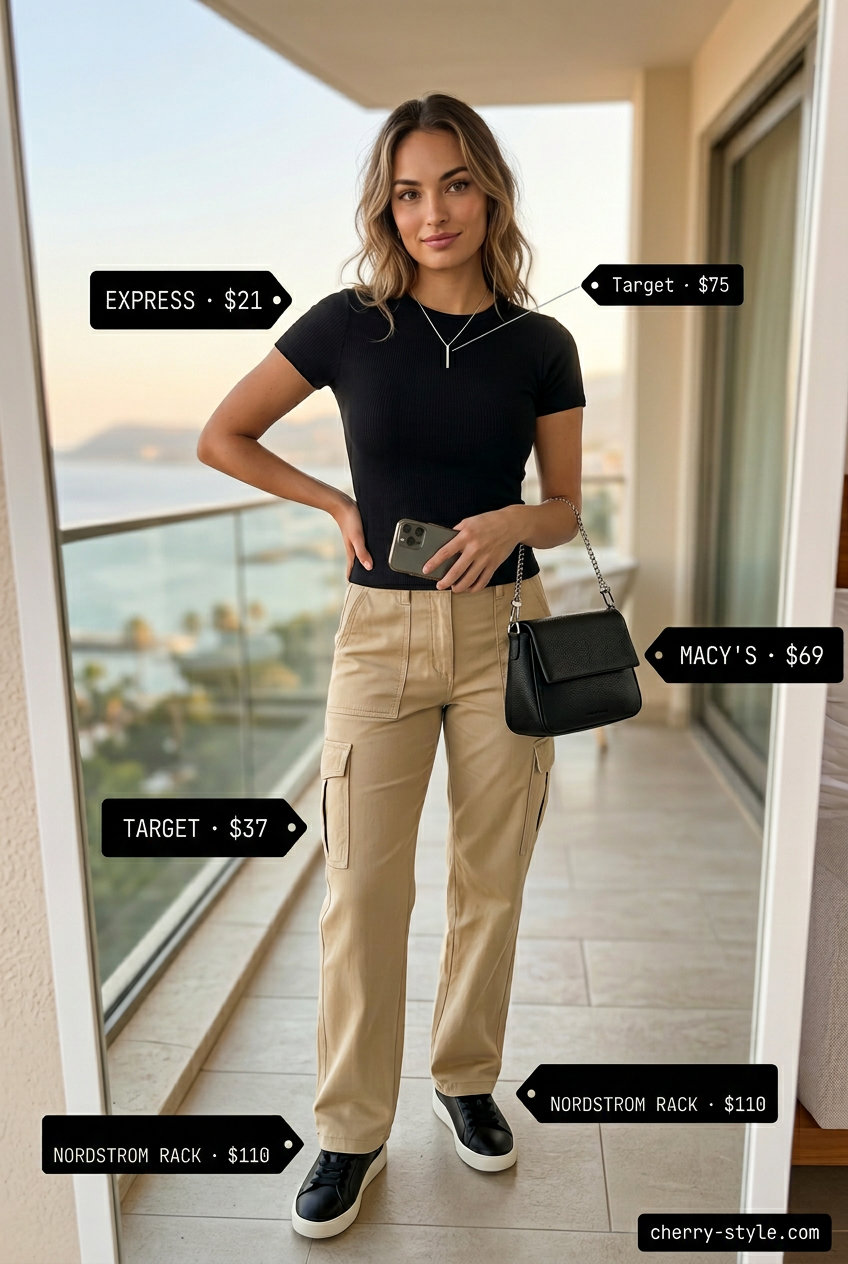 Summer Girls Trip Outfits 2026: Khaki cargo pants, black knit top, and fashion sneakers.