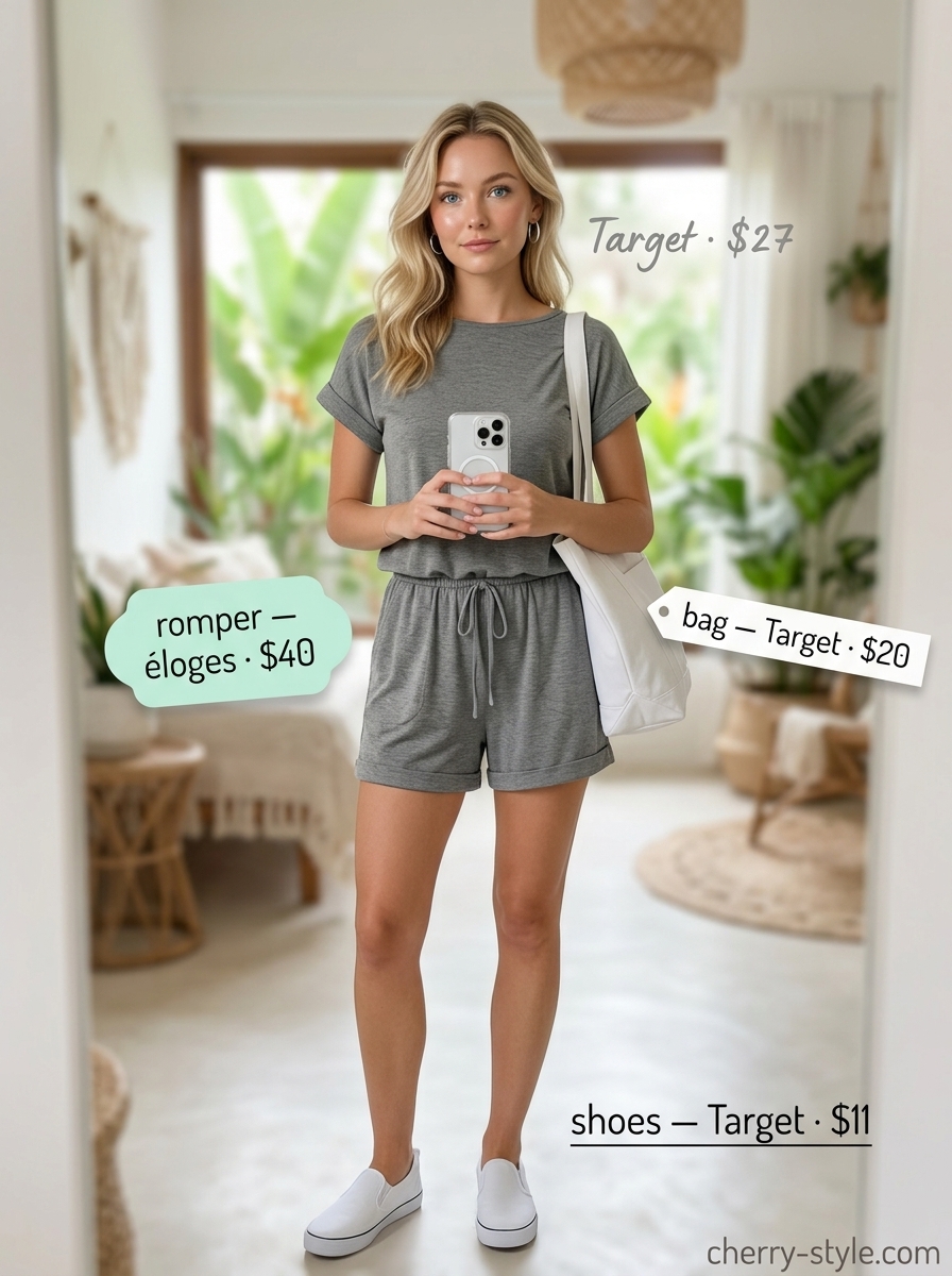 Casual comfort romper outfit: charcoal grey romper, white sneakers & tote. Summer Girls Trip Outfits for Women 2026.