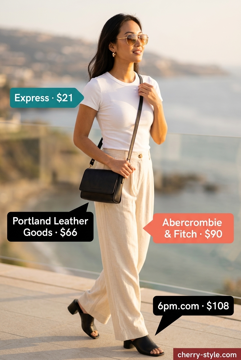 Chic city break outfit: beige linen pants, white knit top, black mules. Summer Girls Trip Outfits for Women 2026.