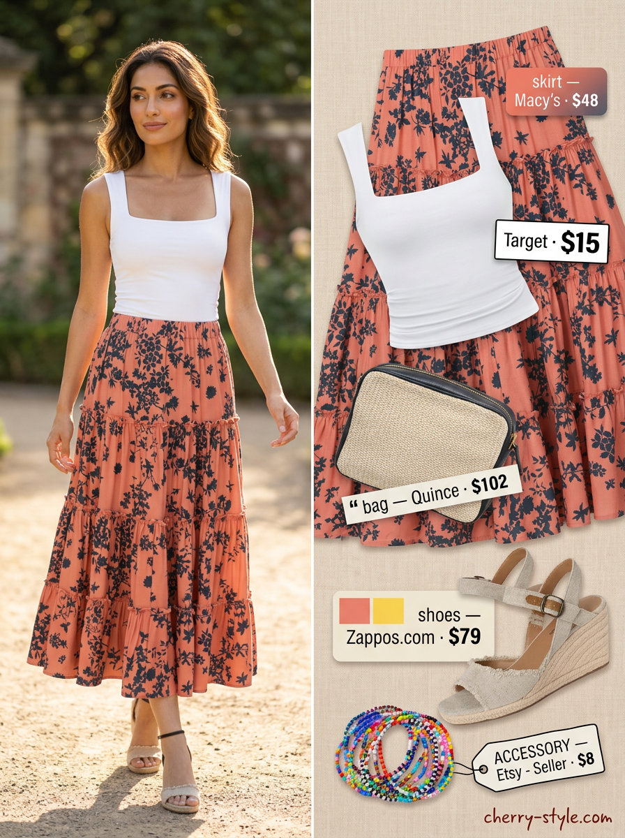 Summer Girls Trip Outfits 2026: Coral floral midi skirt and white crop top for boho beach vibes.