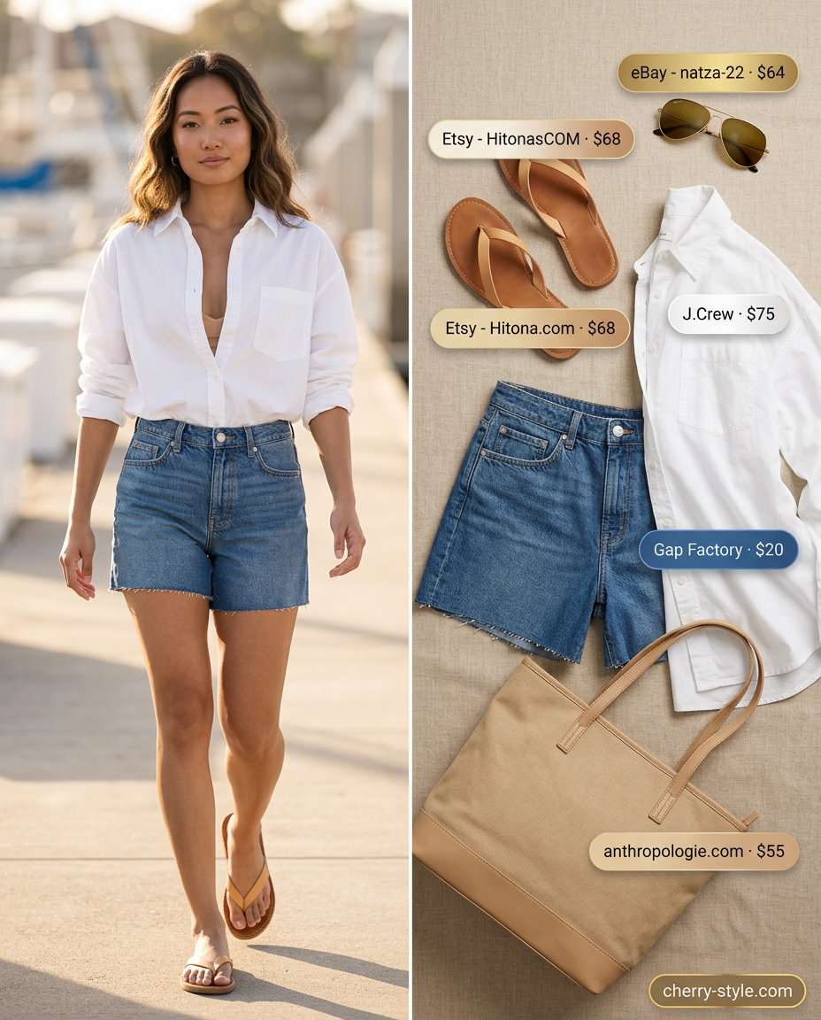 Summer Girls Trip Outfits 2026: Denim shorts and white shirt for a classic sunset cruise look.