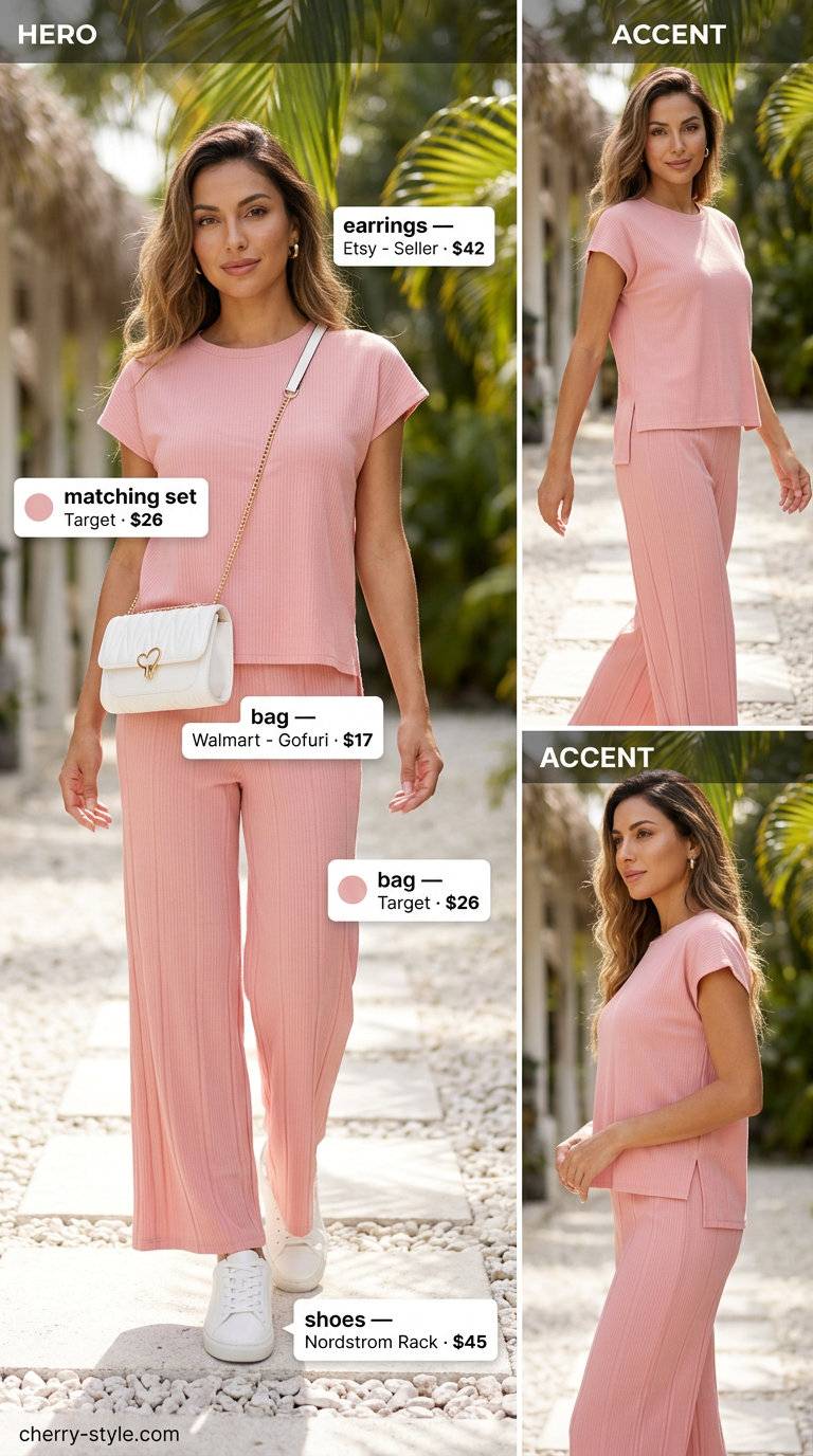 Summer Girls Trip Outfits 2026: Blush pink knit set for travel and relaxed brunch.