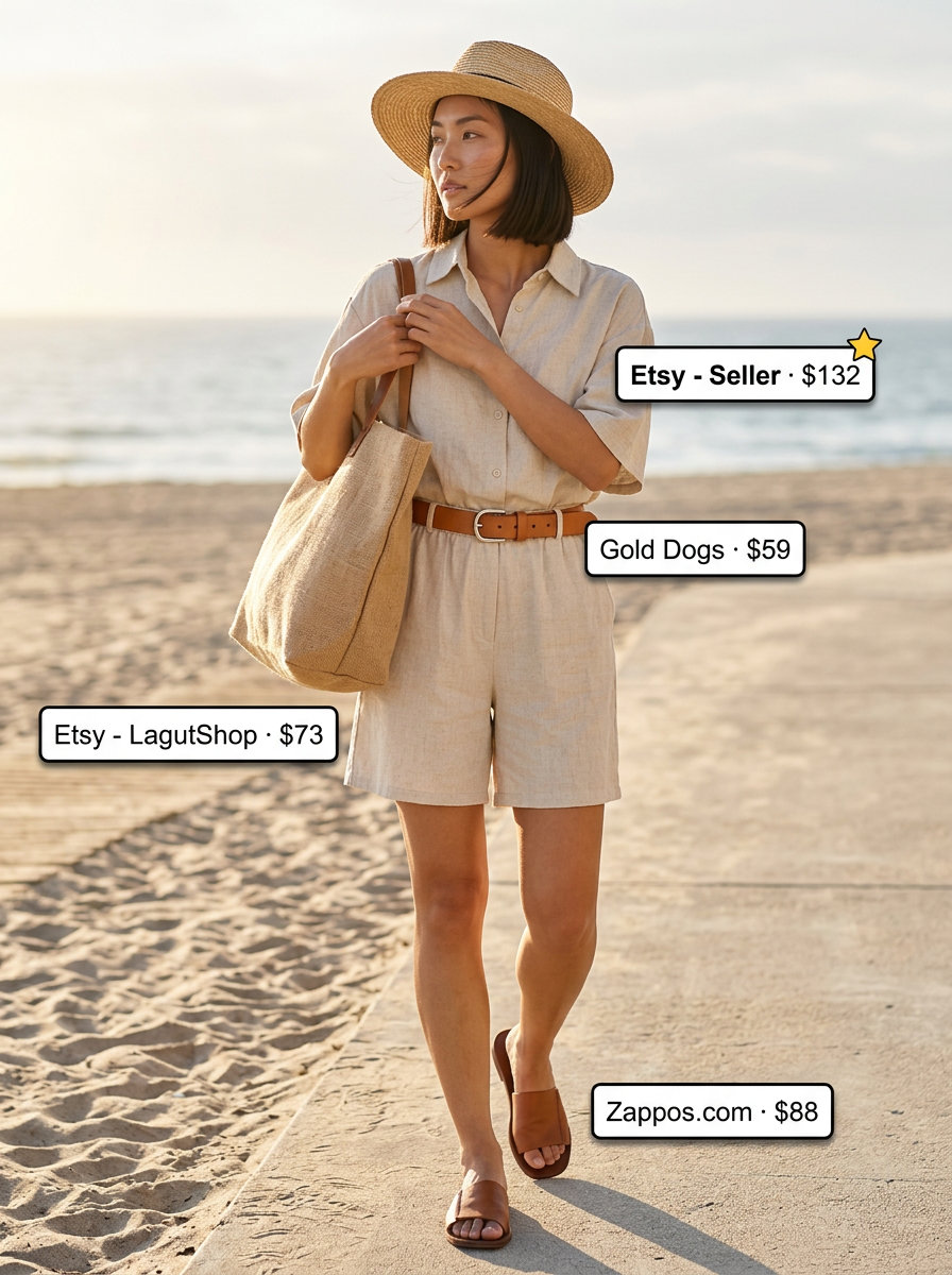 Summer Girls Trip Outfits 2026: Beige linen matching set for brunch or travel comfort.