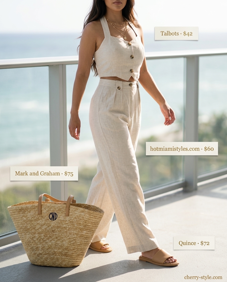 Summer Girls Trip Outfits 2026: Creamy beige linen pants and tank set for vacation brunch.