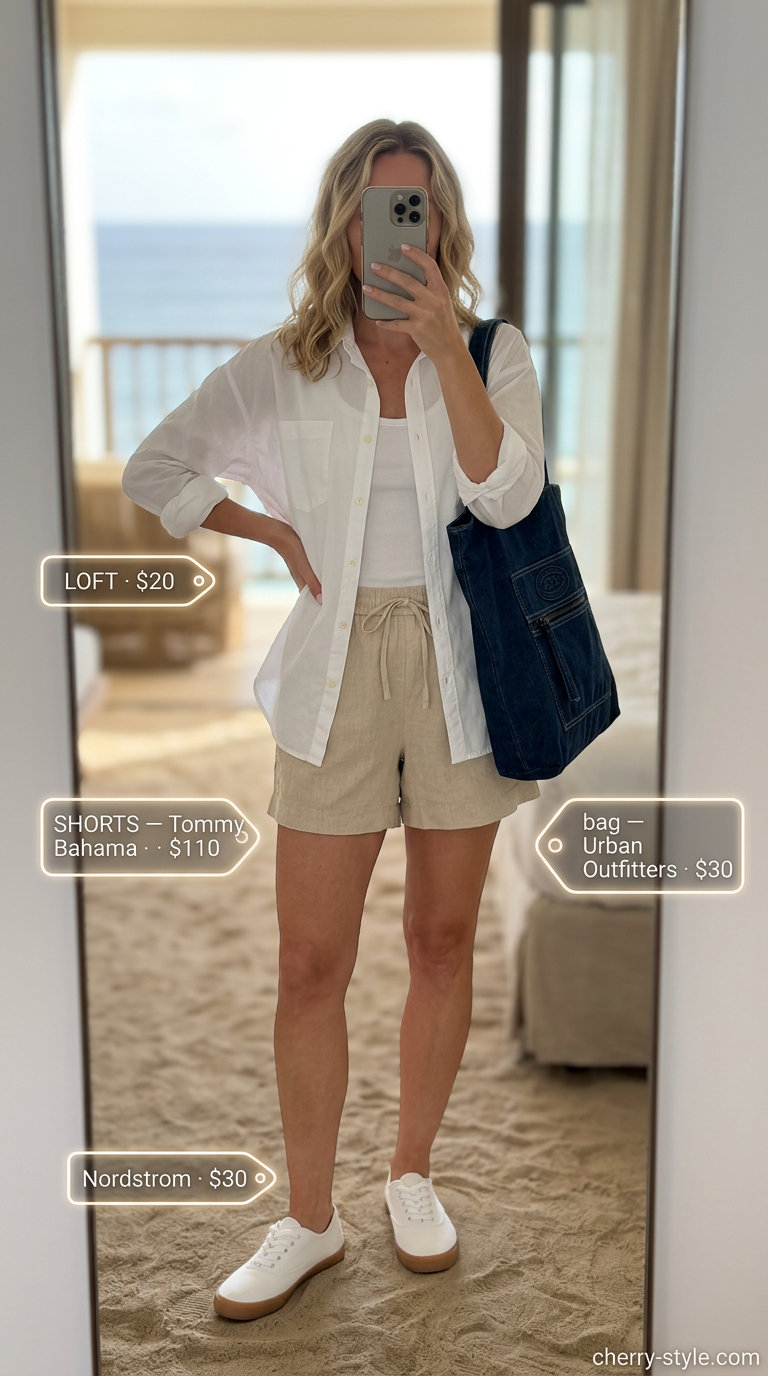 Summer Girls Trip Outfits 2026: Beige linen shorts, white shirt, denim tote for casual errands.
