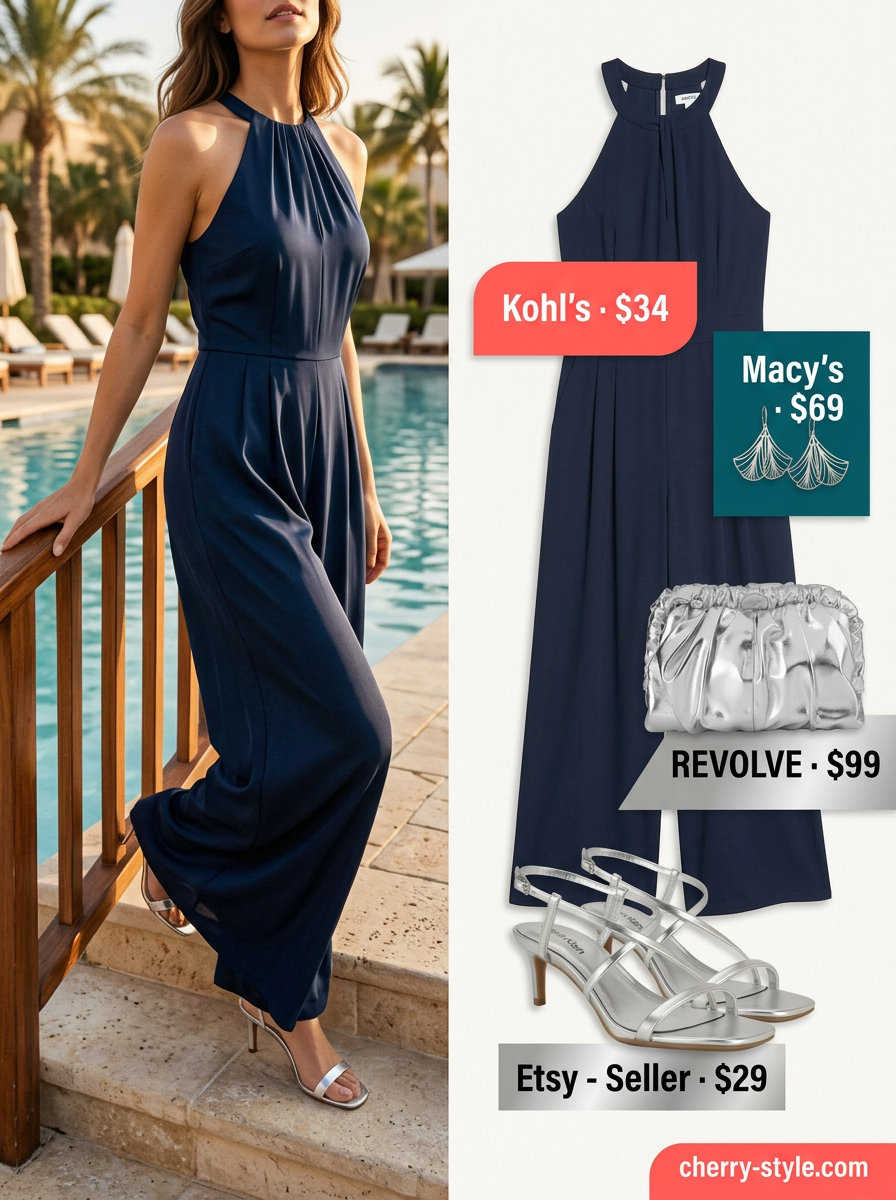 Summer Girls Trip Outfits 2026: Navy wide-leg jumpsuit for elegant girls' night out.