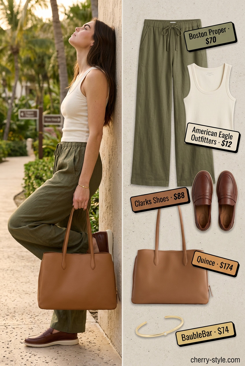 Summer Girls Trip Outfits 2026: Olive linen pants and cream tank for sophisticated city exploration.