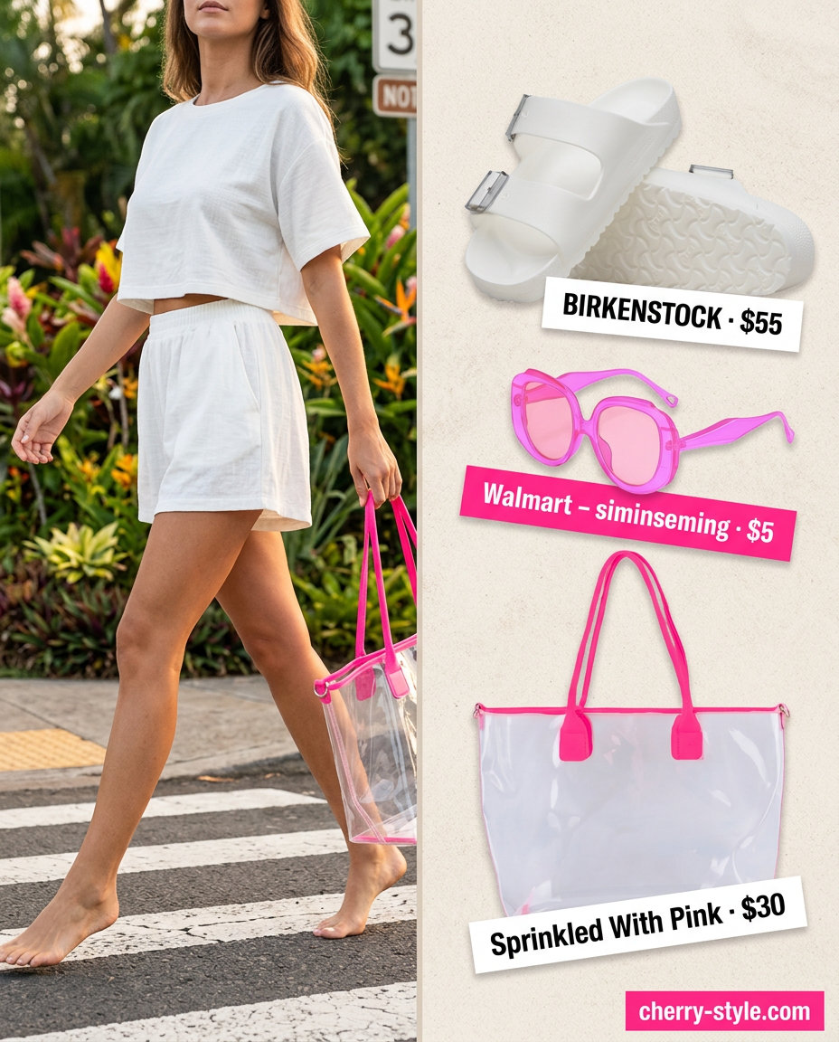 Poolside chic outfit: abstract print matching set, white slides. Summer Girls Trip Outfits for Women 2026.