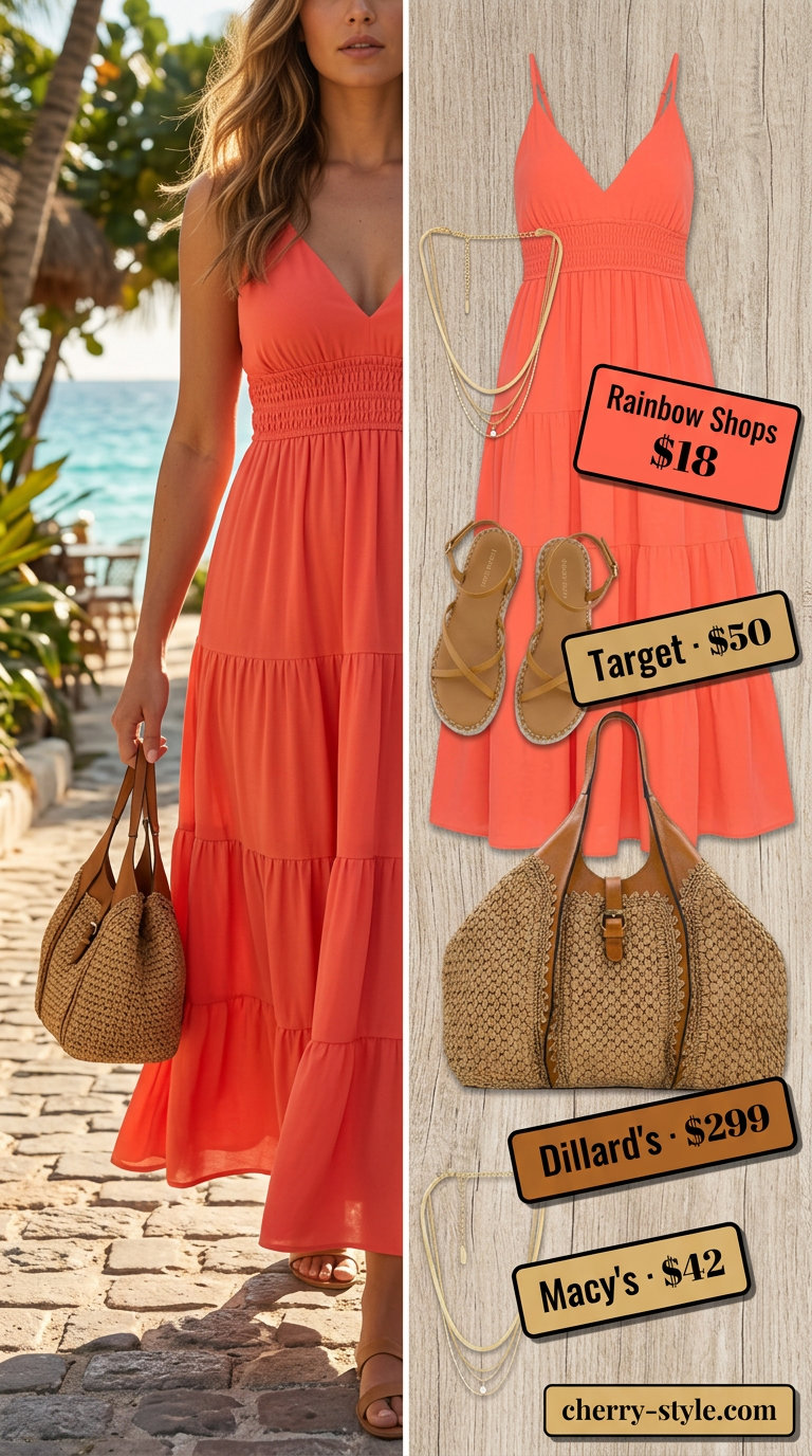 Sunset beach brunch outfit: coral maxi dress, espadrilles, straw tote. Summer Girls Trip Outfits for Women 2026.