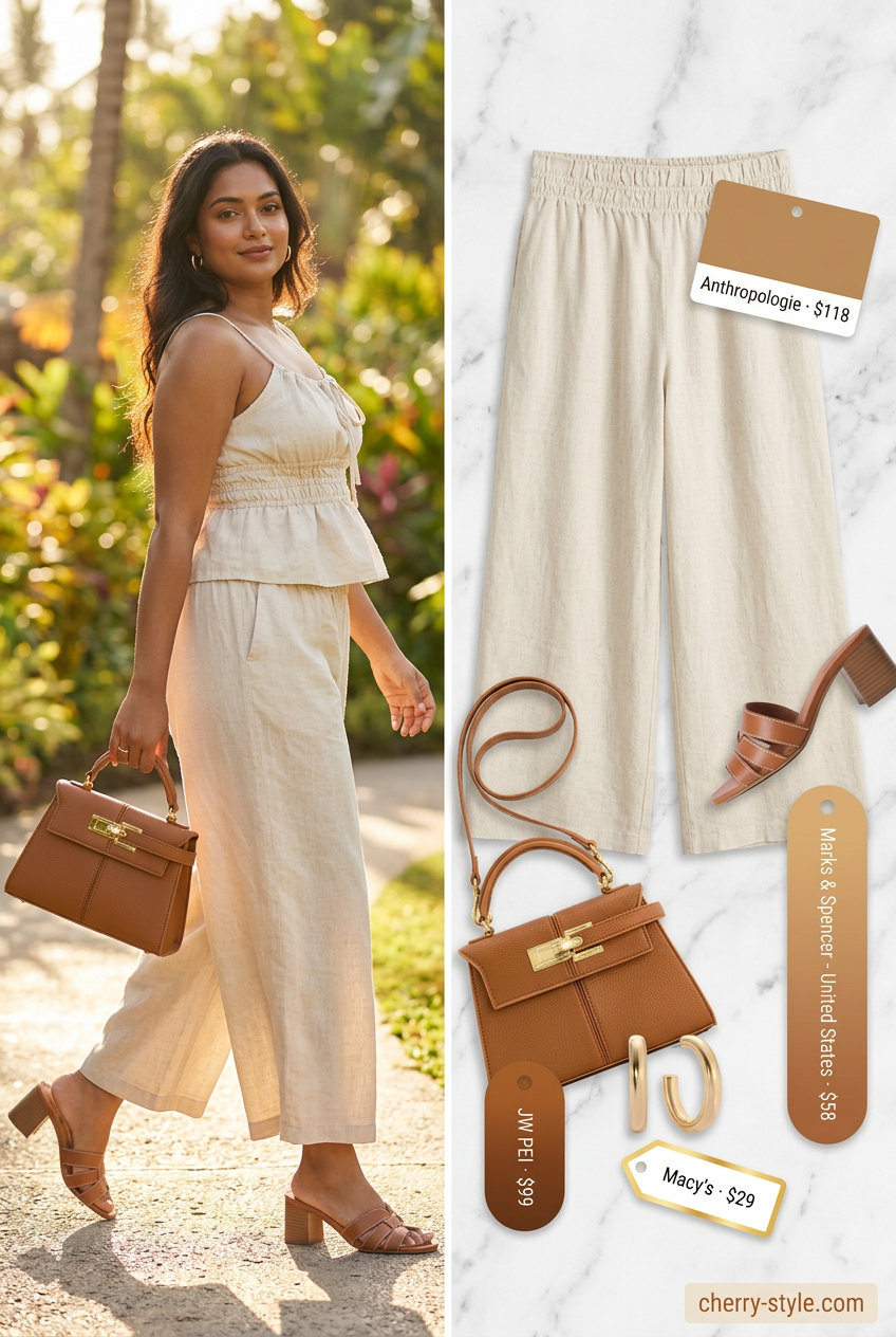 Summer Girls Trip Outfits 2026: Cream linen pants and olive tank for urban exploration and casual lunches.