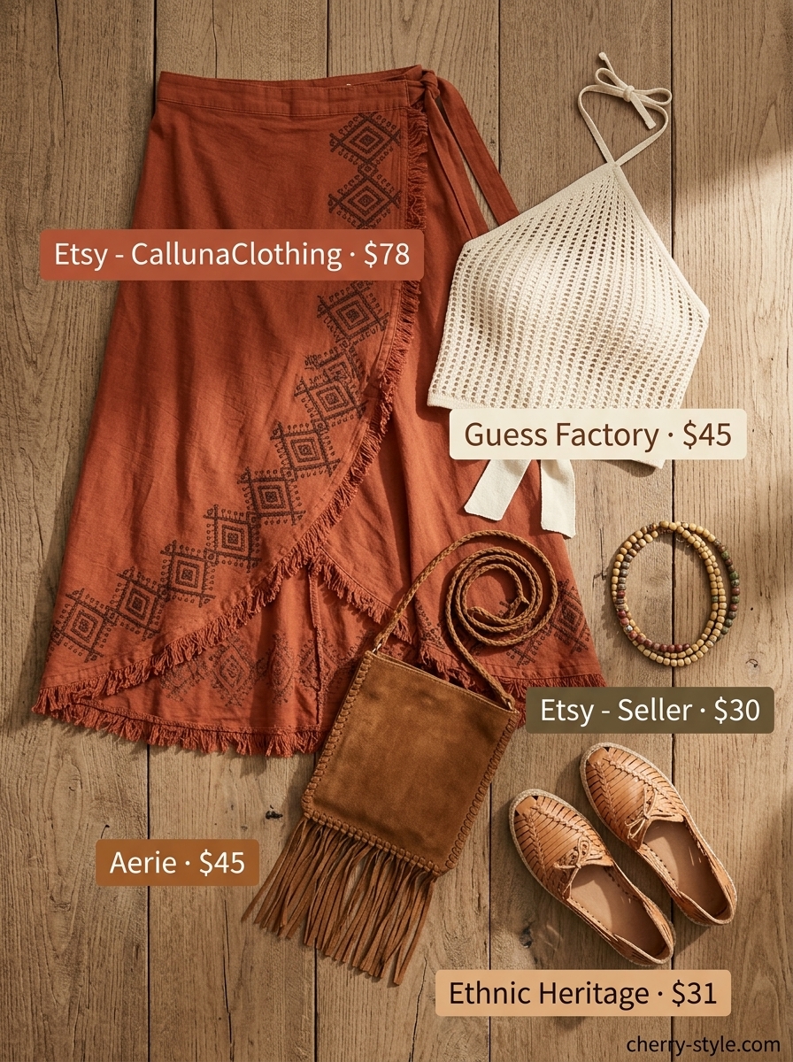 Boho summer halter neck outfit 2026: Cream crochet top, terracotta maxi skirt, woven sandals, fringe bag.