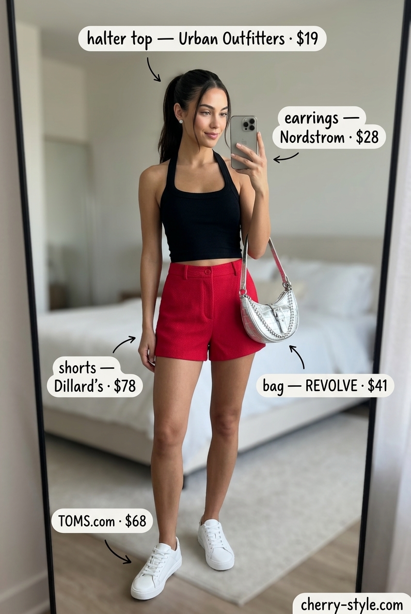 Bold red halter crop top with white tailored shorts for women 2026, perfect for city exploration.