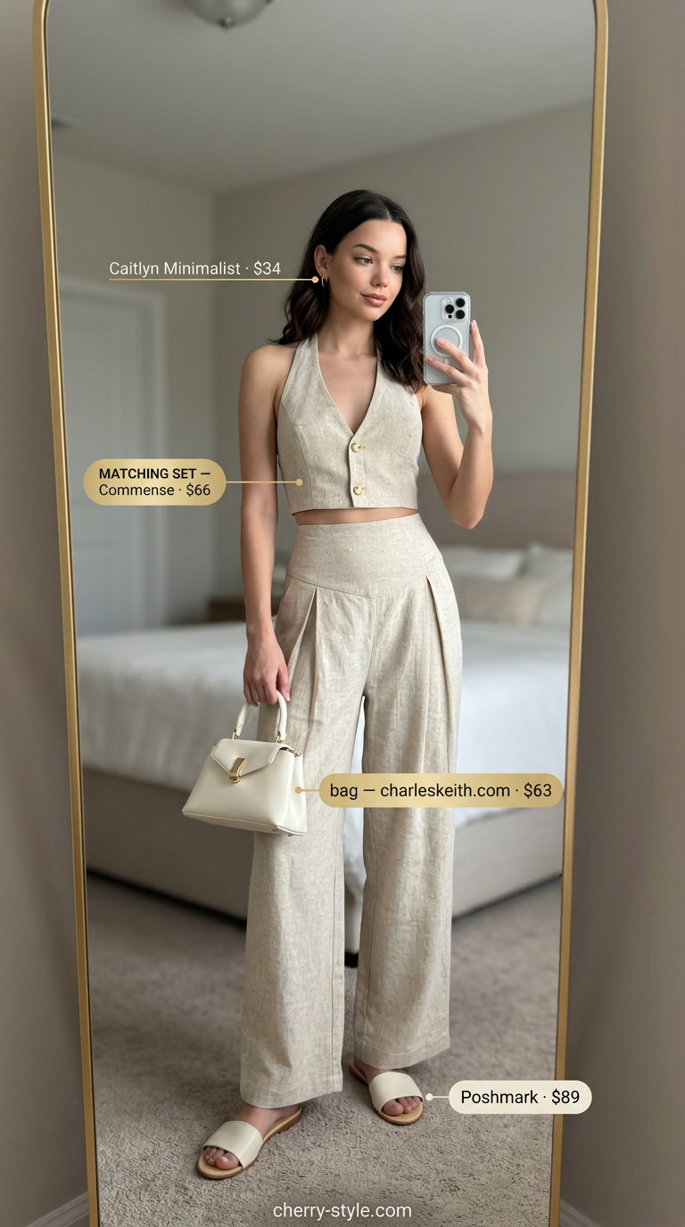 Chic summer halter neck outfits for women 2026: Camel linen crop top & wide-leg pants set for evening.