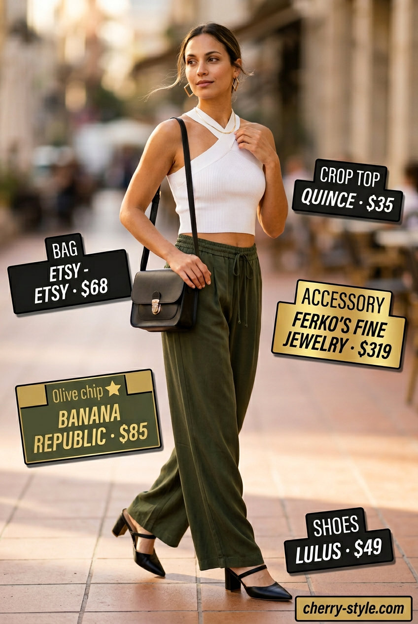 Chic cream halter crop top with olive green wide-leg pants for women 2026, ideal for brunch.