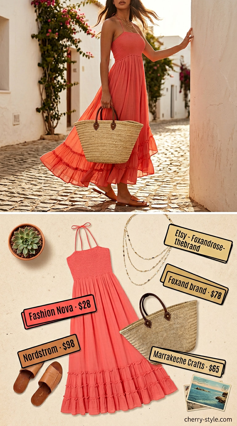 Relaxed coral halter maxi dress for women 2026, ideal for beach days and summer vacations.
