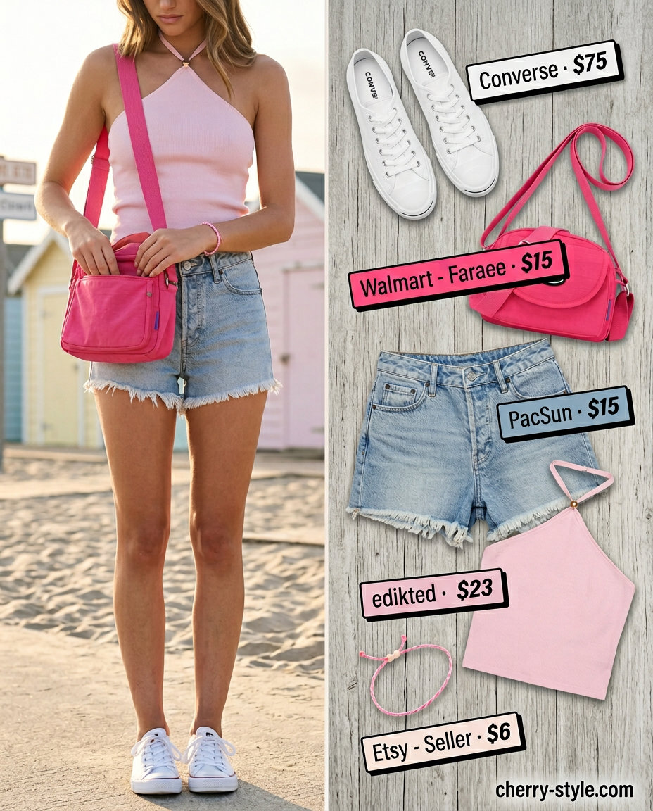 Casual summer halter top & denim shorts 2026: Pink top, light blue denim shorts, white sneakers.
