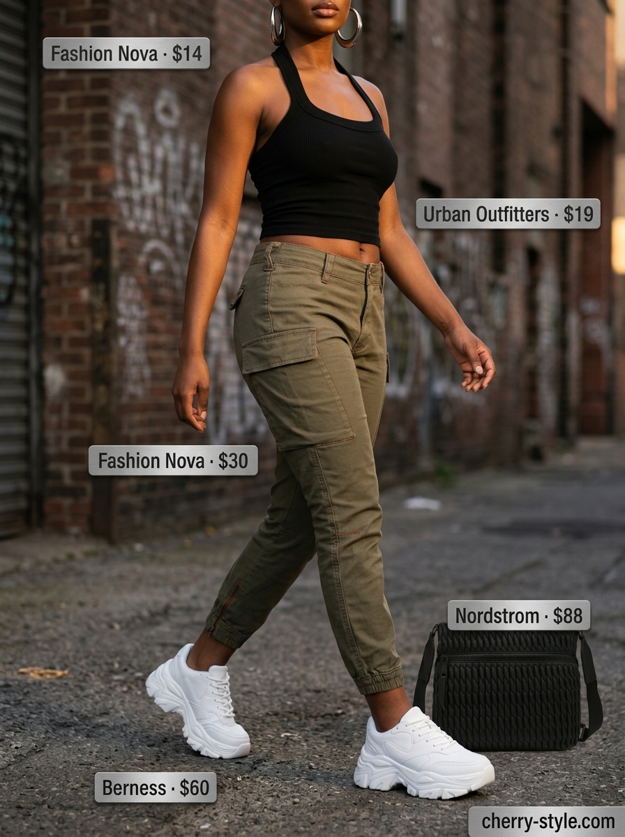 Edgy black halter crop top with olive green cargo pants for women 2026, for street style looks.