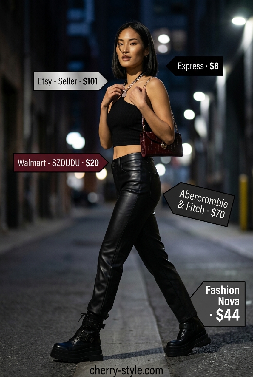 Edgy summer halter neck outfit 2026: Black crop top, faux leather pants, combat boots, silver necklace.