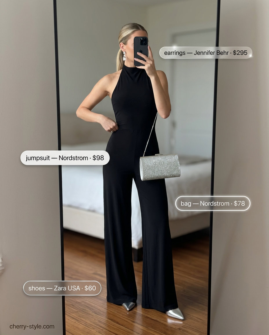 Elegant black halter jumpsuit for women 2026, perfect for evening events and cocktail parties.