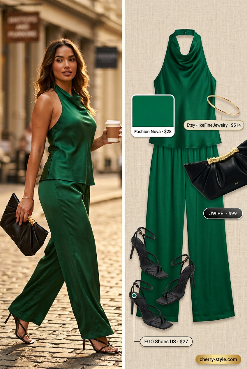 Elegant summer halter neck outfits for women 2026: Emerald green satin skirt set for evening events.