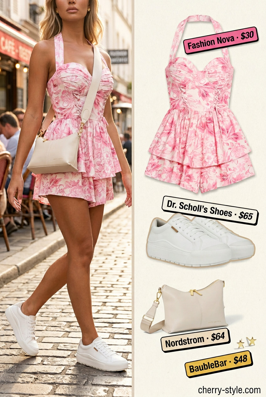 Playful pink floral halter romper for women 2026, great for daytime outings.