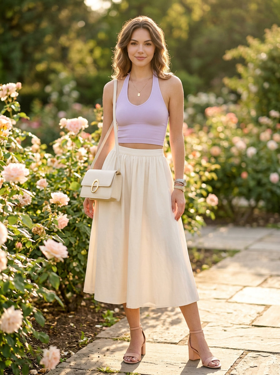 Feminine summer halter neck outfits for women 2026: Lavender top & white skirt for brunch.