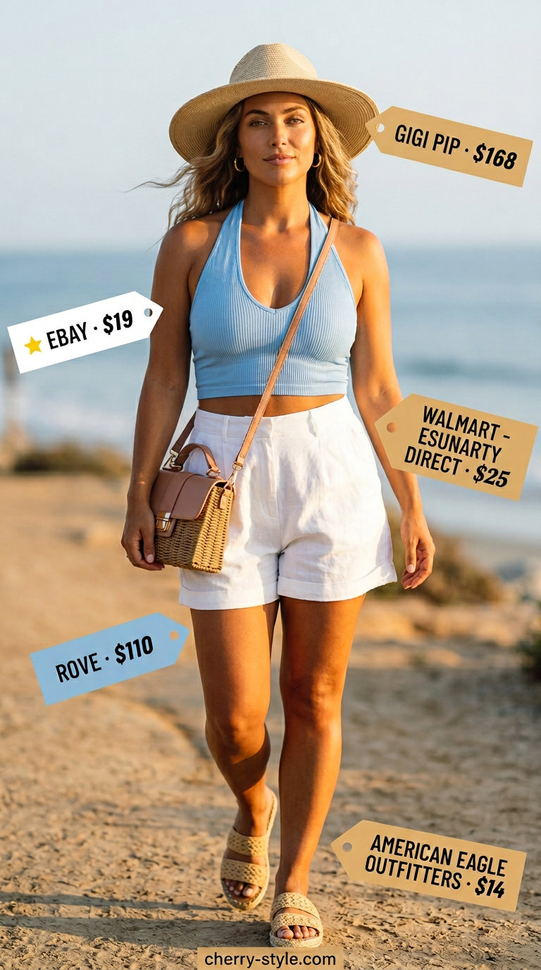 Vacation summer halter top & linen shorts 2026: Sky blue top, matching shorts, straw hat, espadrilles.