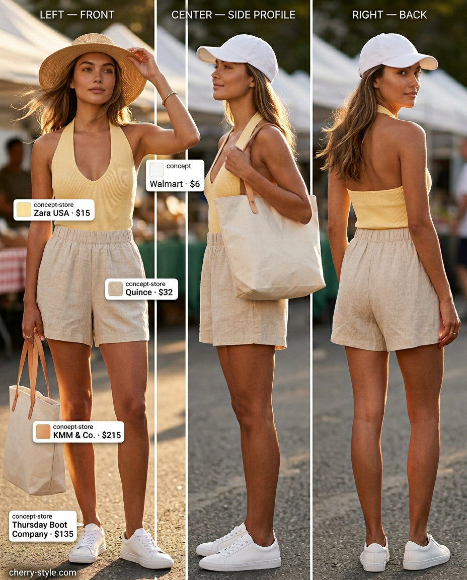 Casual summer halter neck outfits for women 2026: Mustard tank top with linen shorts for weekend.