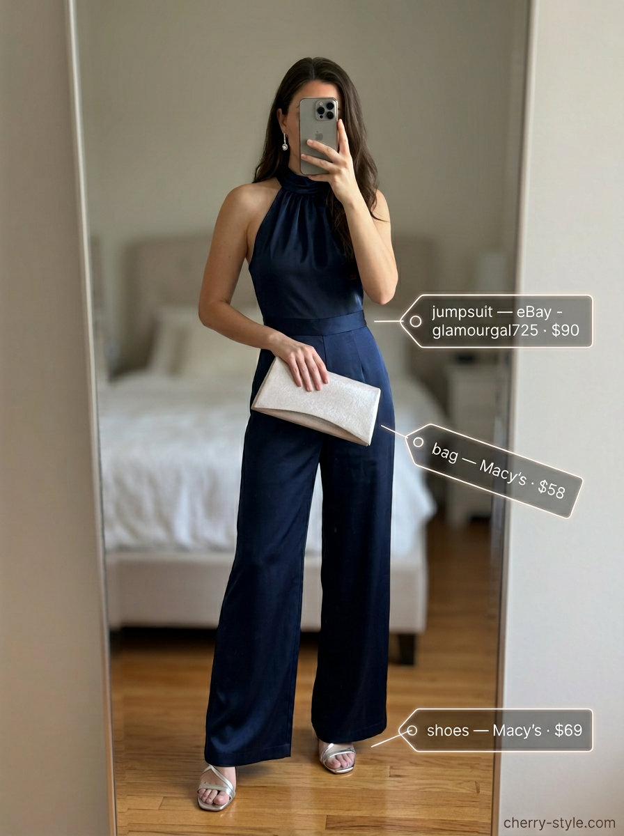 Sophisticated summer halter neck outfits for women 2026: Navy wide-leg jumpsuit for evening events.