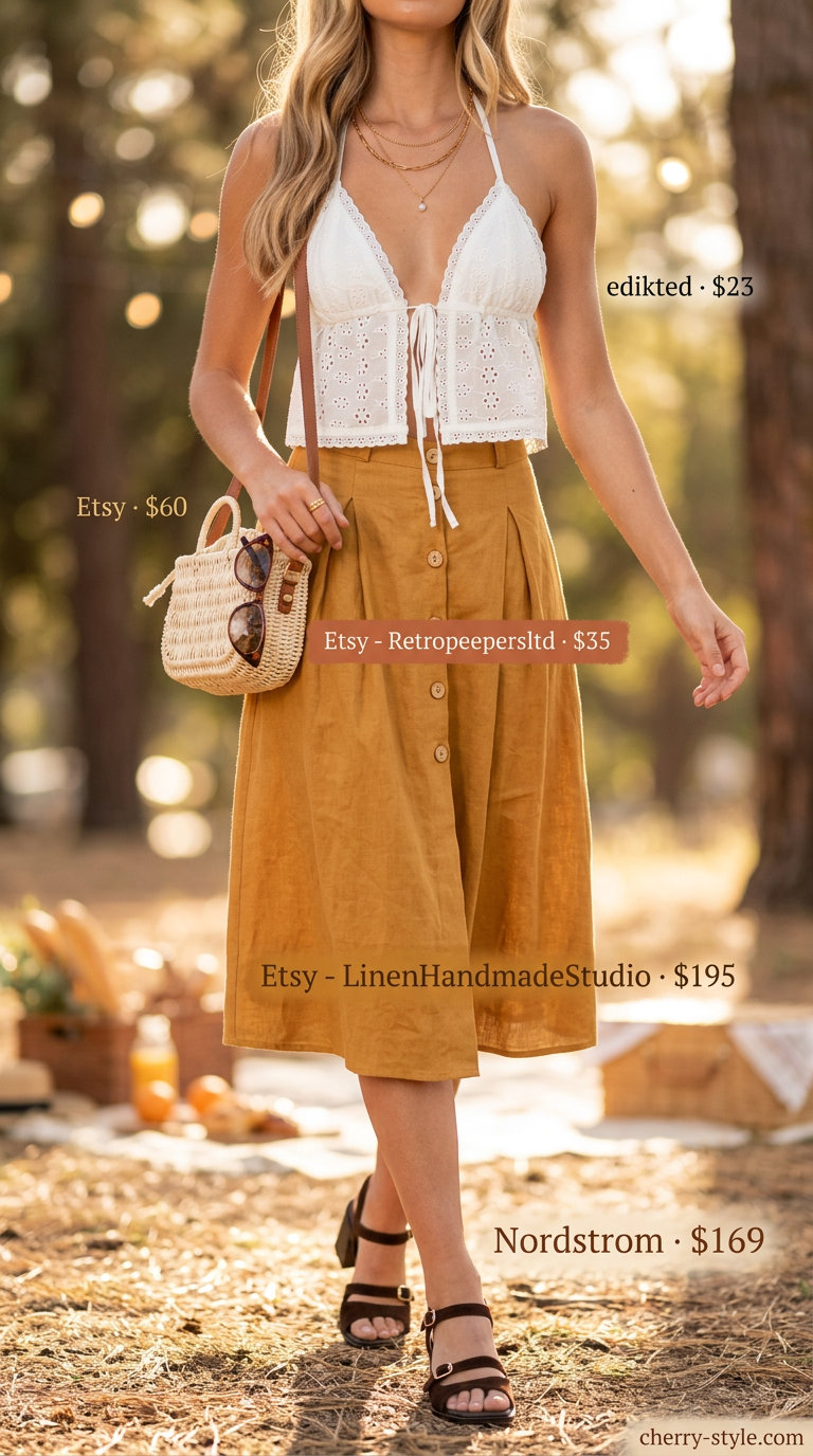 Retro summer halter top & midi skirt 2026: Mustard yellow skirt, white tie-front top, wicker bag.