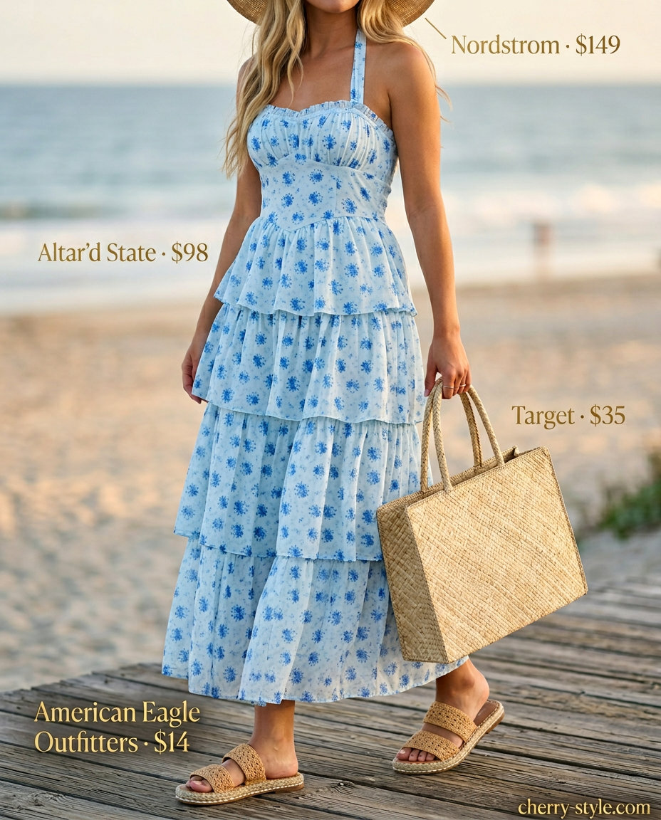 Seaside summer halter neck maxi dress 2026: Sky blue floral dress, straw hat, espadrille slides.